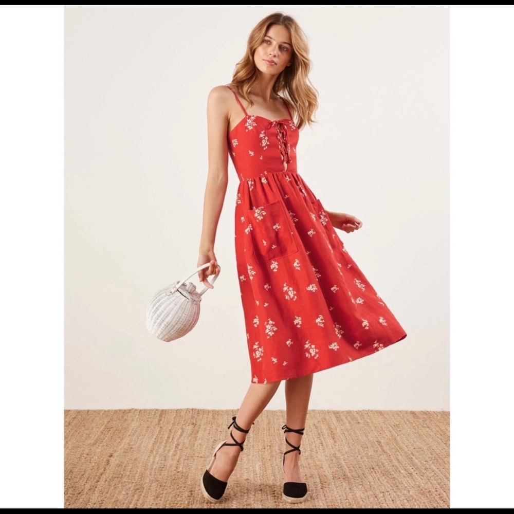 Reformation Corset Dress!!        Ellen Floral Print Linen Midi Dress Red Size 4